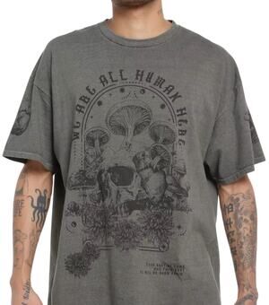 Thorn & Fable Mushroom Skull Grunge Shirt, Washed Charcoal, Streetwear, S/M